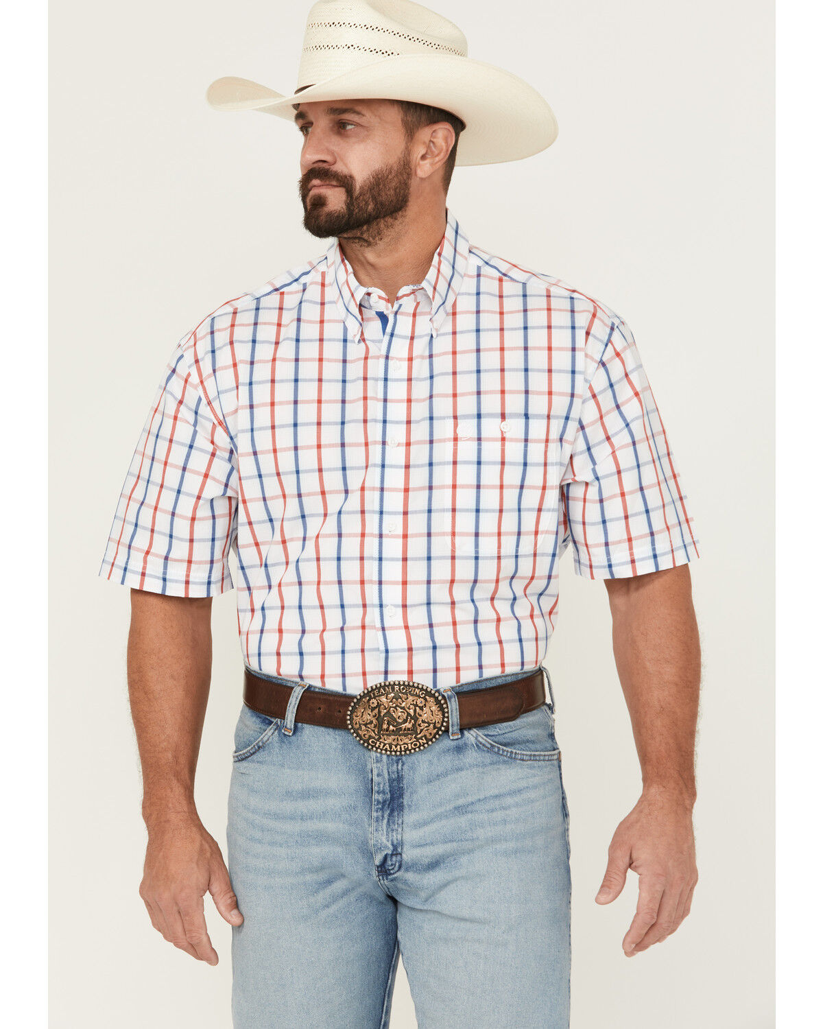 Image #1 - George Strait by Wrangler Men's Plaid Print Short Sleeve Button-Down Western Shirt, White, hi-res