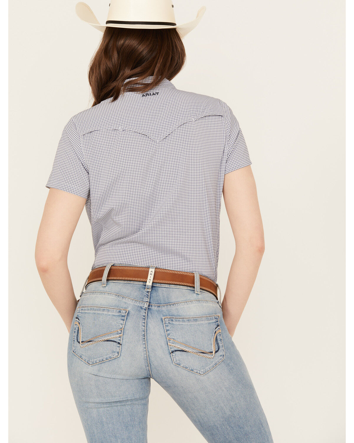 Image #4 - Ariat Women's Boot Barn Exclusive Gingham Print Short Sleeve Button-Down VentTEK Stretch Shirt, Blue/white, hi-res