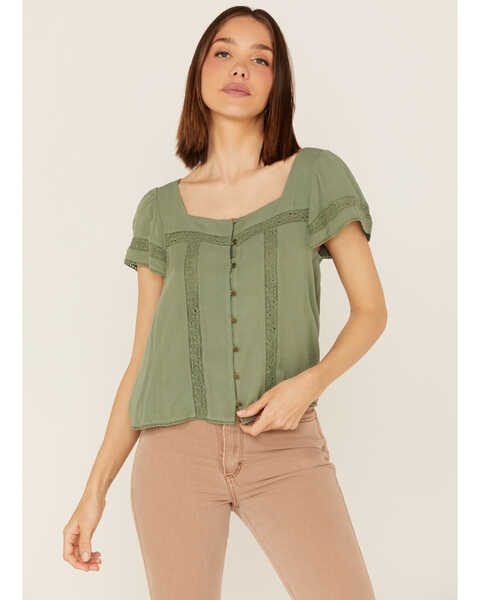 Image #1 - Jolt Women's Lace Trim Button-Down Shirt, Olive, hi-res