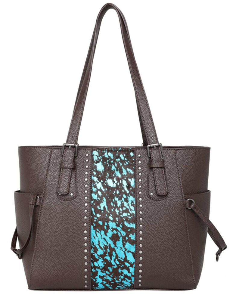 Trinity Ranch Women's Hair-On Turquoise Cowhide Leather Tote Bag, Coffee, hi-res