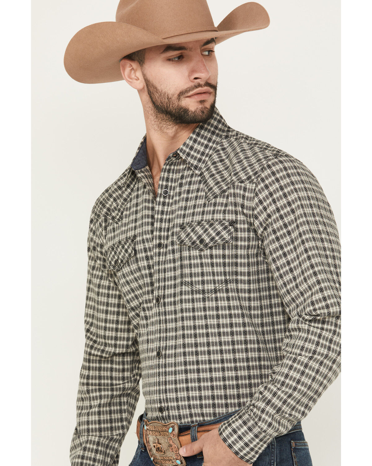 Image #2 - Moonshine Spirit Men's High Strung Dobby Plaid Print Long Sleeve Snap Western Shirt, Navy, hi-res
