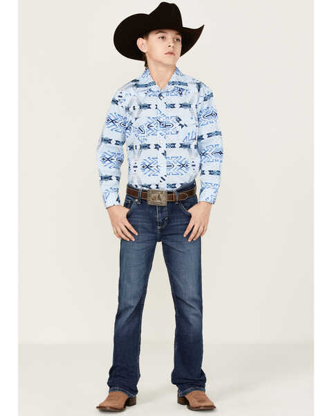 Image #2 - Rock & Roll Denim Boys' Southwestern Print Long Sleeve Stretch Pearl Snap Western Shirt, Blue, hi-res
