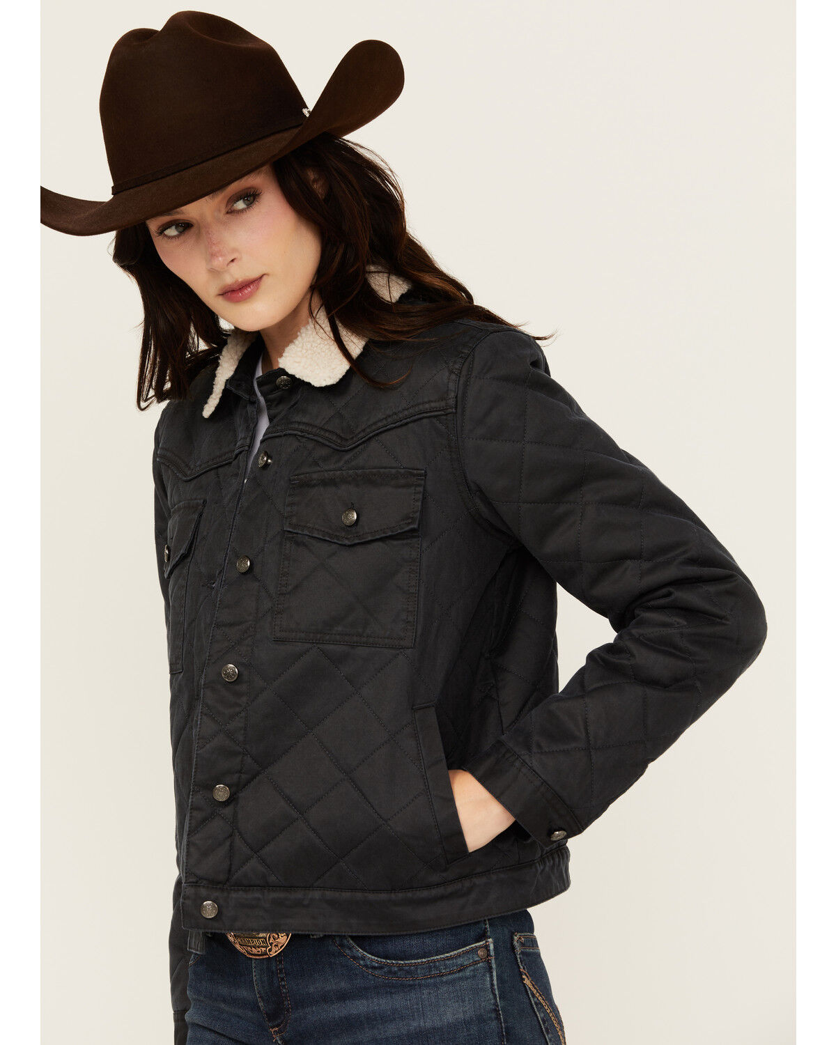 Image #2 - Shyanne Women's Oil Skinned Quilted Sherpa Trimmed Jacket, Navy, hi-res