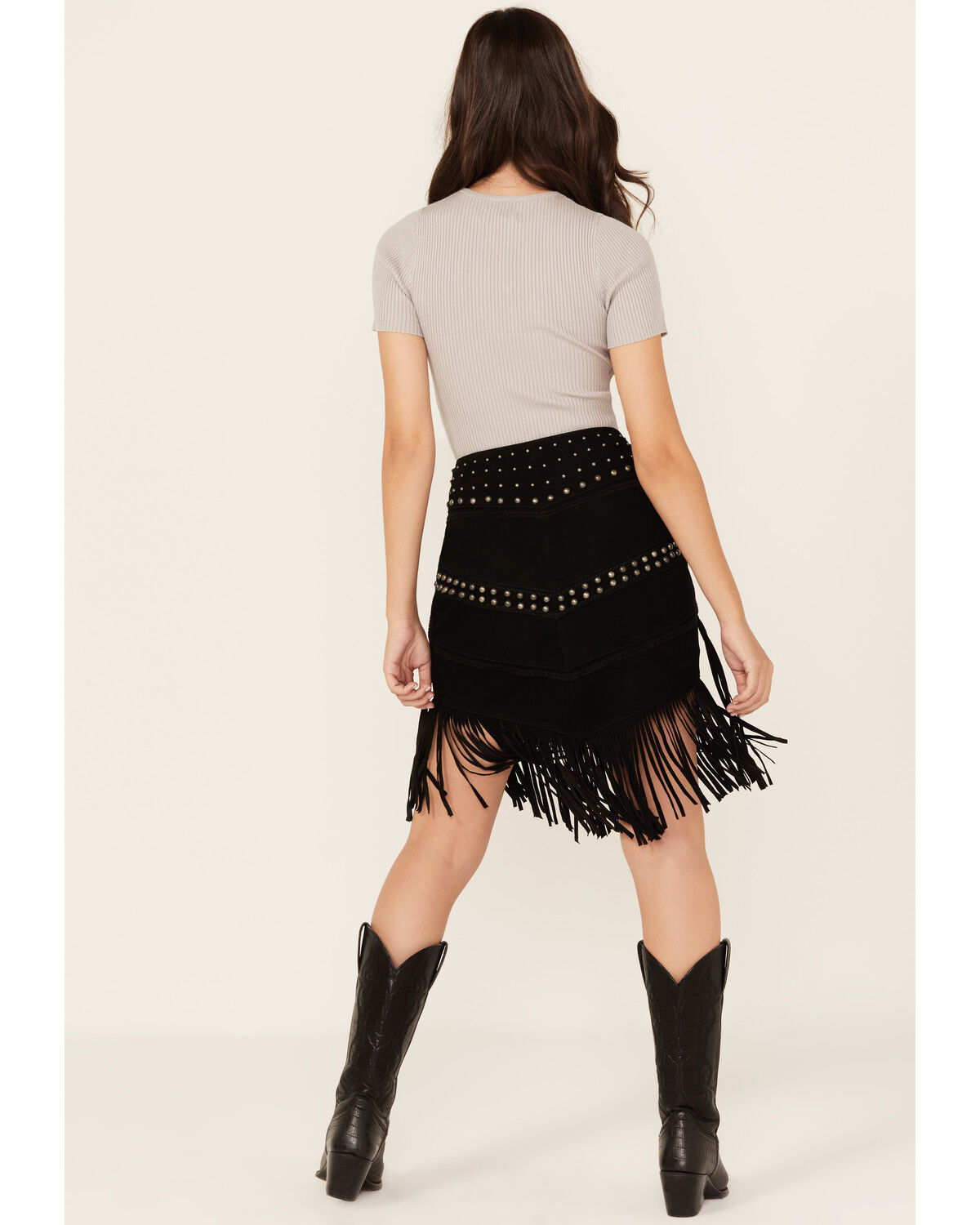 Image #3 - Scully Women's Fringe Concho Studded Suede Skirt, Black, hi-res