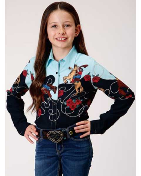 Roper Girls' Cowgirl Border Print Rayon Long Sleeve Western Blouse , Black, hi-res