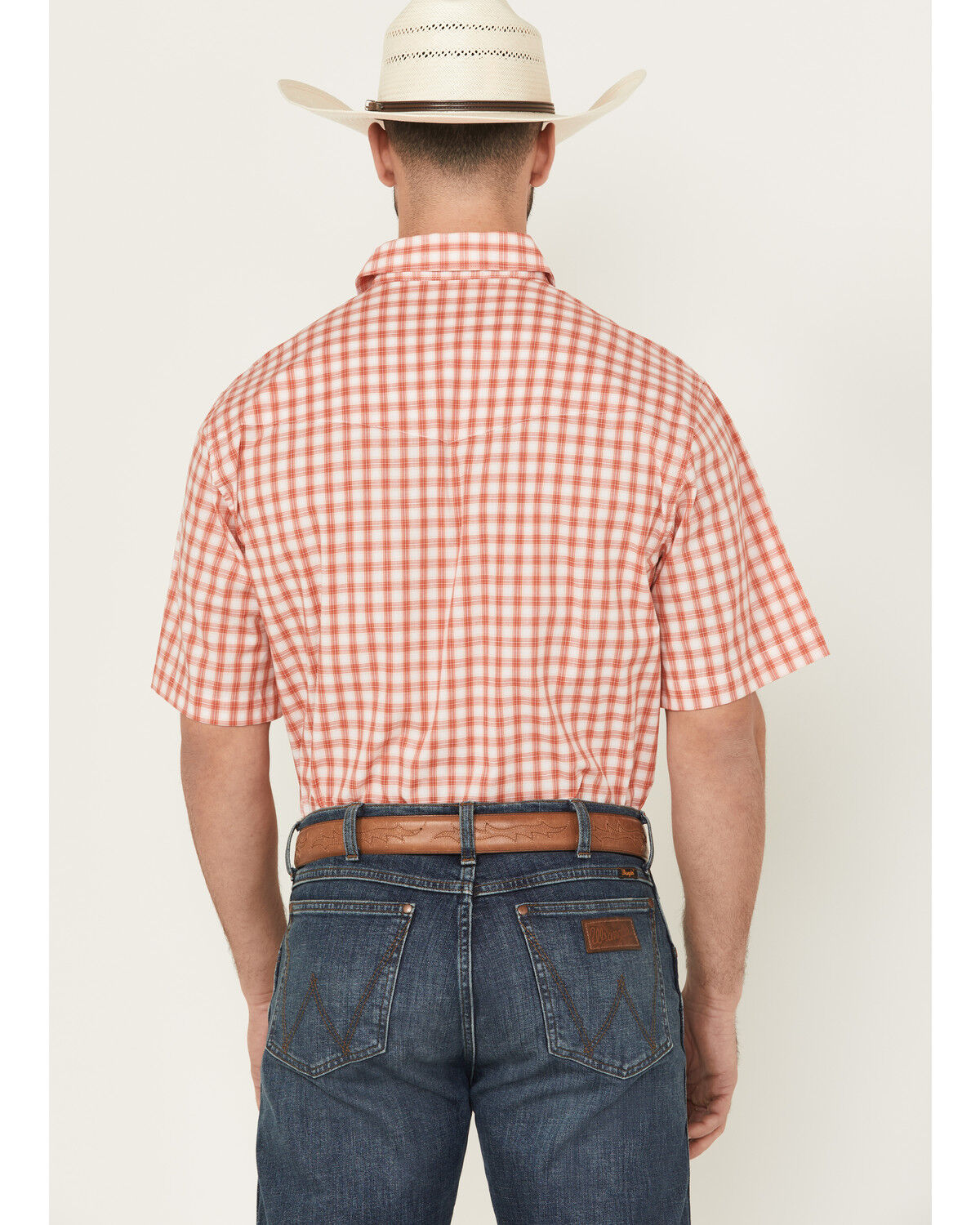 Image #4 - Wrangler Men's Plaid Print Short Sleeve Pearl Snap Western Shirt - Big, Orange, hi-res