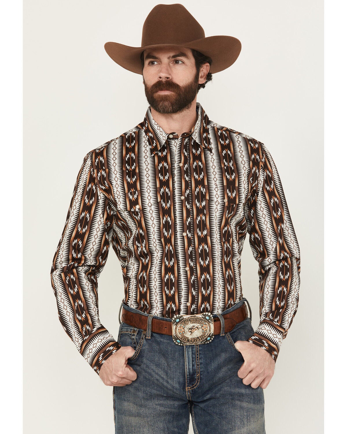 Image #1 - Wrangler Men's Checotah Southwestern Striped Print Long Sleeve Pearl Snap Western Shirt - Tall, Brown, hi-res
