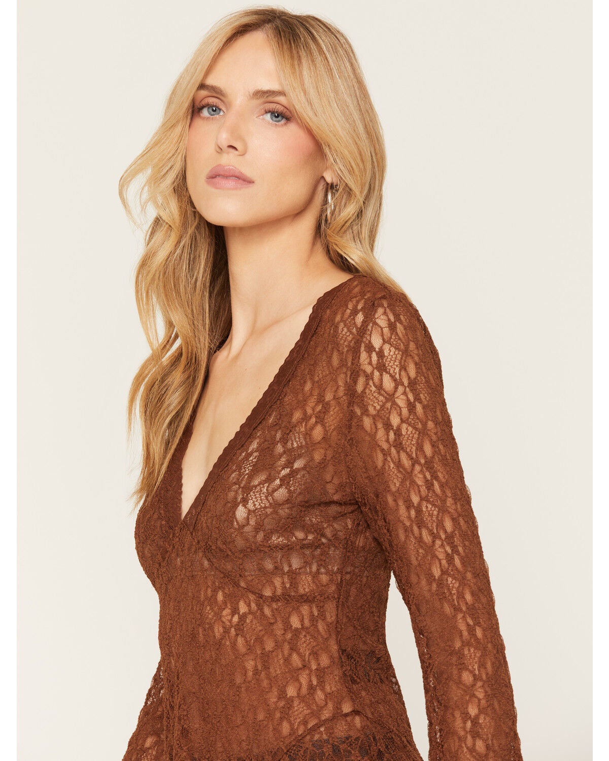 Image #2 - Shyanne Women's Lace Knit Long Sleeve Top, Bark, hi-res