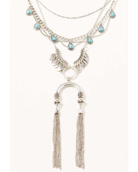 Image #2 - Shyanne Women's Turquoise Pendant & Silver Layered Leaf Fringe Statement Necklace, Silver, hi-res