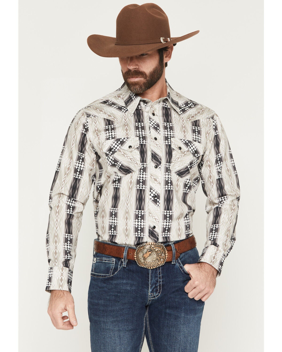Rock & Roll Denim Men's Southwestern Stripe Print Long Sleeve Snap Stretch Western Shirt, Black, hi-res