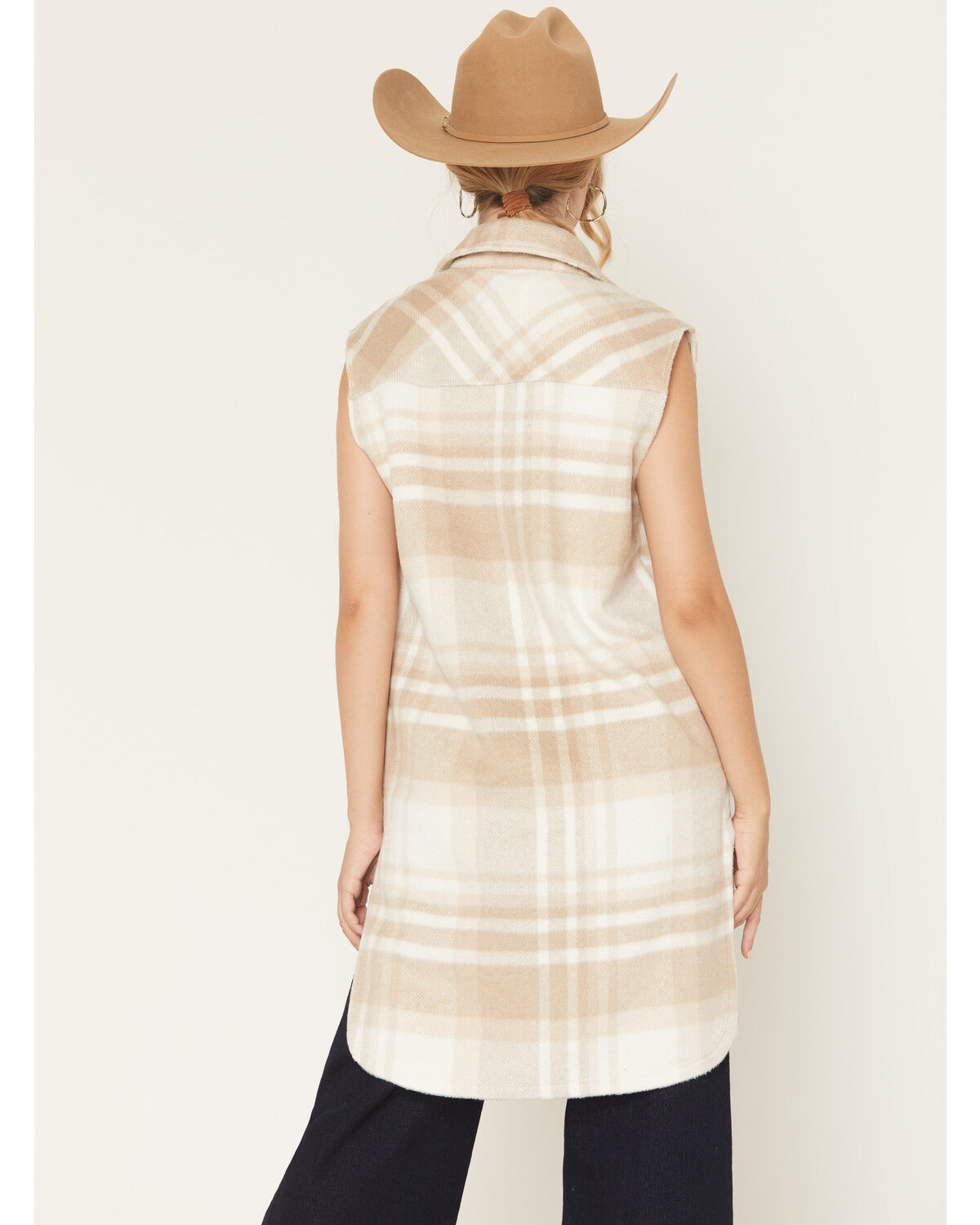 Image #4 - Ashley Women's Plaid Print Button-Down Long Vest, Beige, hi-res
