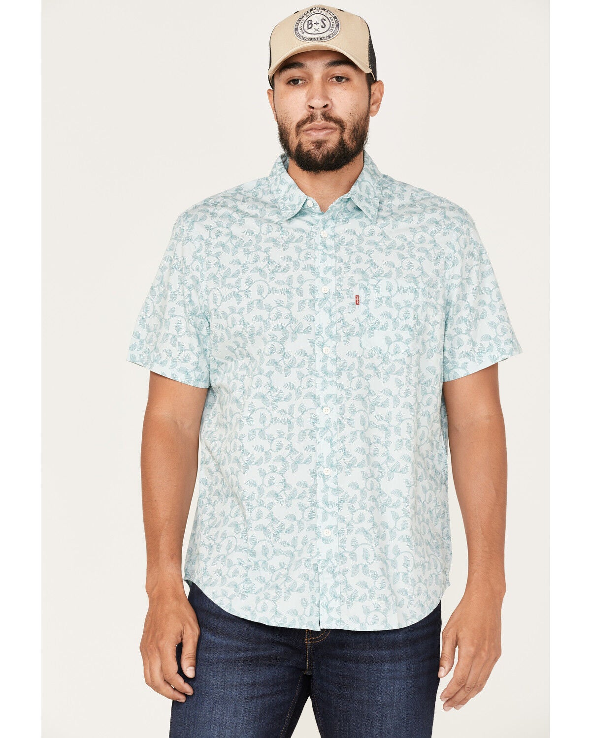 Levi's Men's Classic Swirly Floral Print Short Sleeve Button Down Shirt, Blue, hi-res