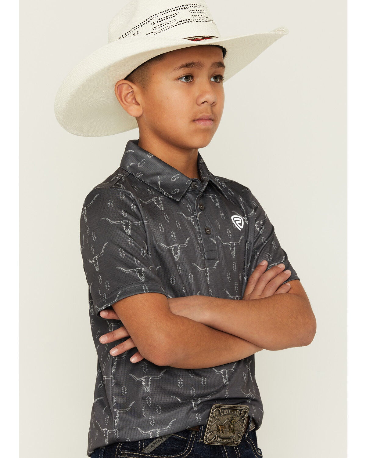 Image #2 - Rock & Roll Denim Boys' Steer Head Skull Short Sleeve Button-Down Polo, Grey, hi-res