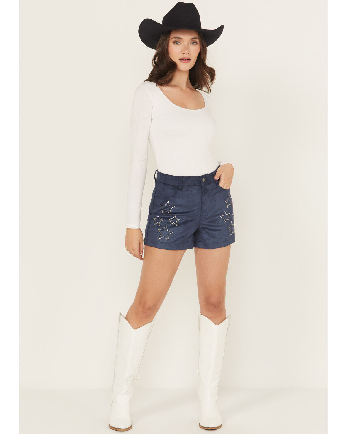 Image #1 - Rock & Roll Denim Women's High Rise Star Studded Microsuede Shorts, Navy, hi-res