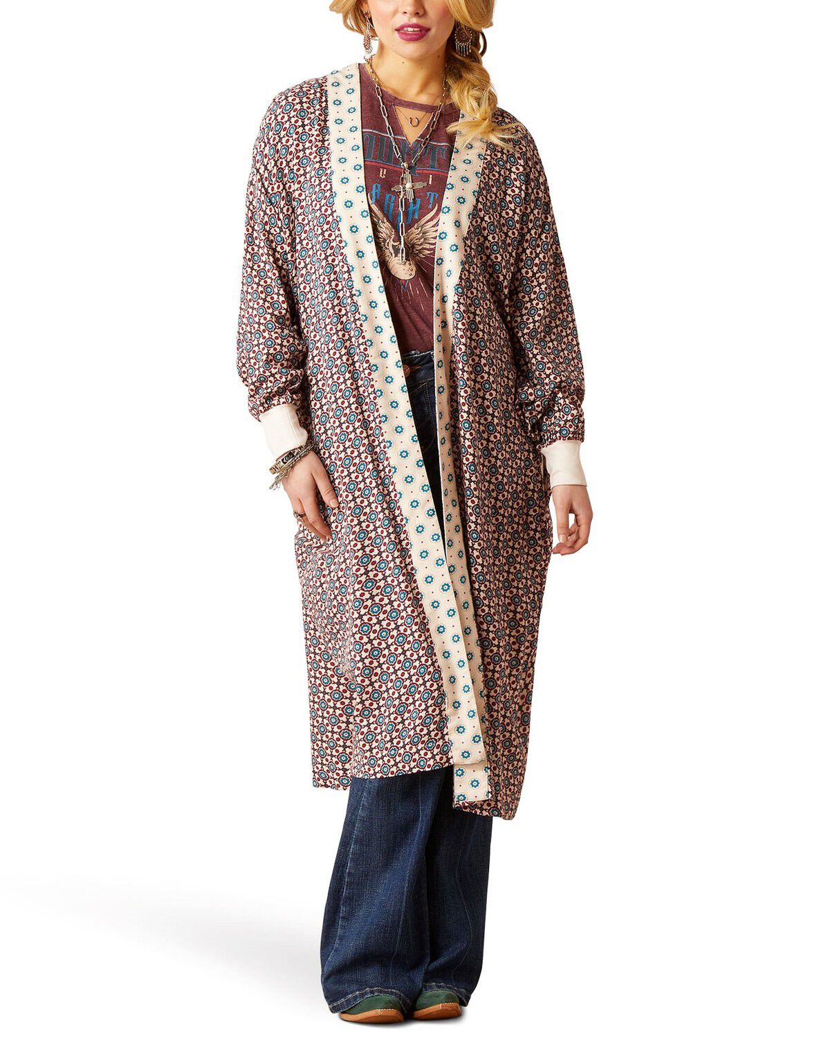 Image #1 - Ariat Women's Mesquite Kimono Duster, Burgundy, hi-res
