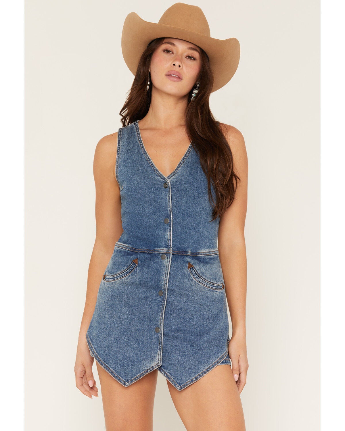 Image #1 - Rock & Roll Denim Women's Sleeveless Denim Vest Romper, Medium Wash, hi-res