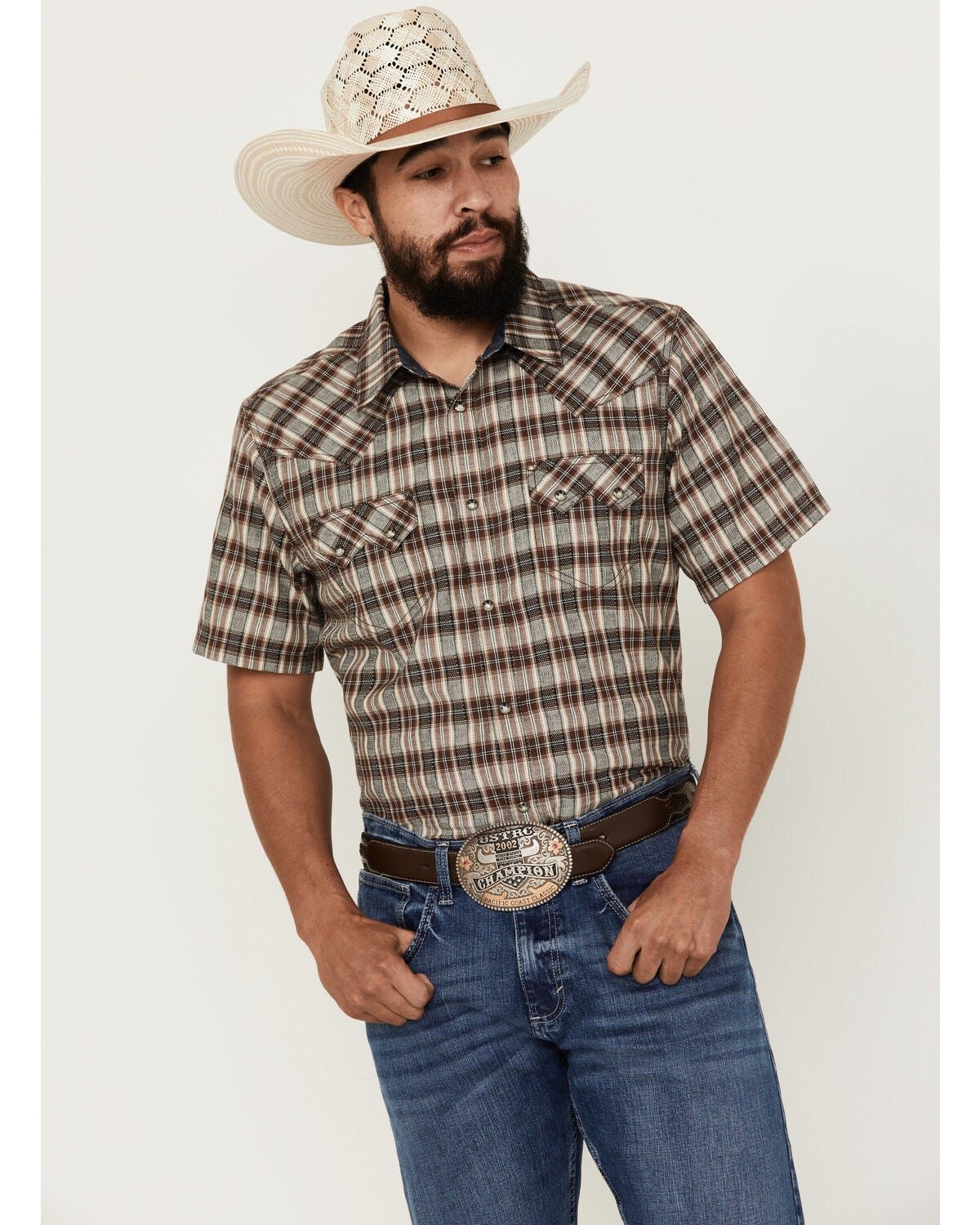 Image #2 - Cody James Men's Grit Plaid Print Short Sleeve Snap Western Shirt, Brown, hi-res