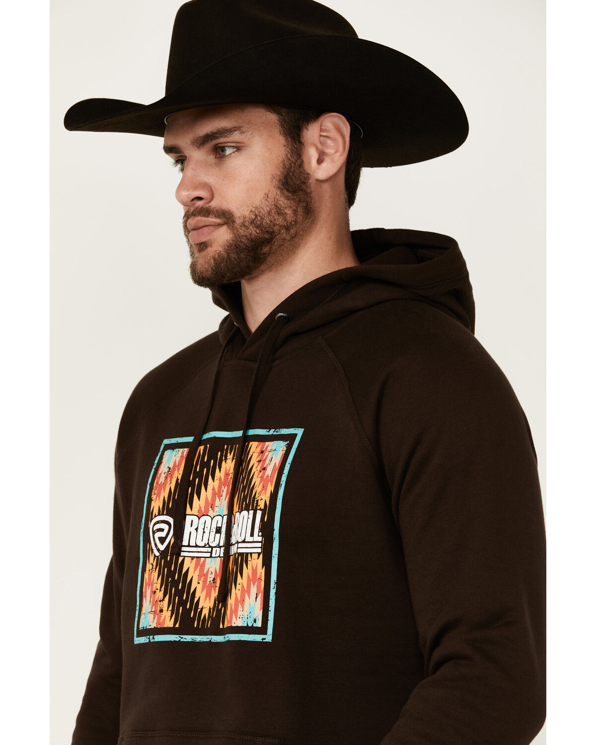 Image #2 - Rock & Roll Denim Men's Southwestern Print Logo Hooded Sweatshirt, Dark Brown, hi-res