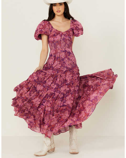 Image #1 - Free People Women's Sundrenched Floral Short Sleeve Maxi Dress , Pink, hi-res