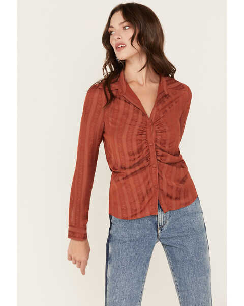 Sadie & Sage Women's Floral Stripe Print Ruched Long Sleeve Button Down Shirt, Rust Copper, hi-res