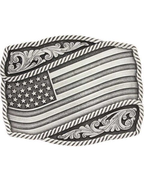 Montana Silversmiths Men's Waving American Flag Belt Buckle, Silver, hi-res