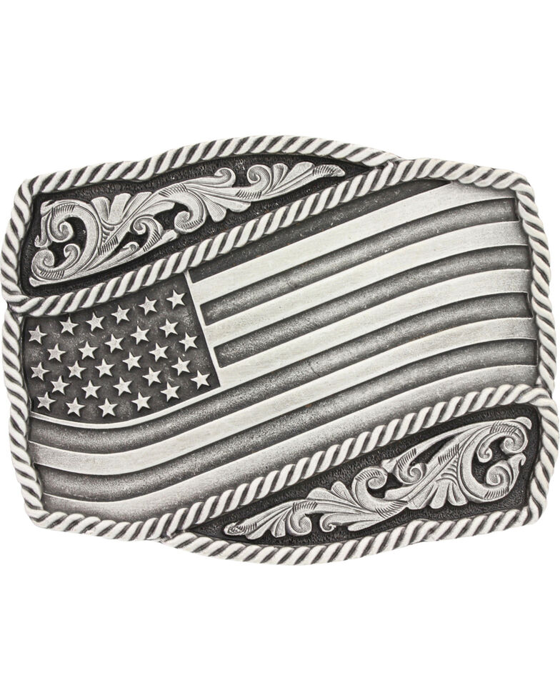 Montana Silversmiths Silver Waving American Flag Belt Buckle, Silver, hi-res