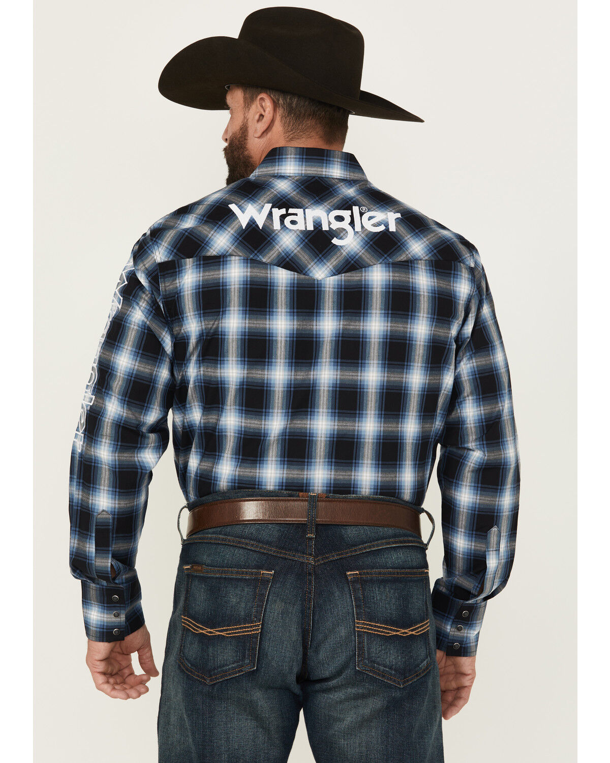 Image #4 - Wrangler Men's Embroidered Plaid Print Long Sleeve Snap Western Shirt, Black, hi-res
