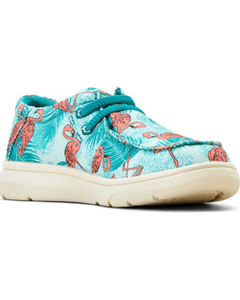 Image #1 - Ariat Girls' Flamingo Print Hilo Casual Shoes - Moc Toe , Blue, hi-res