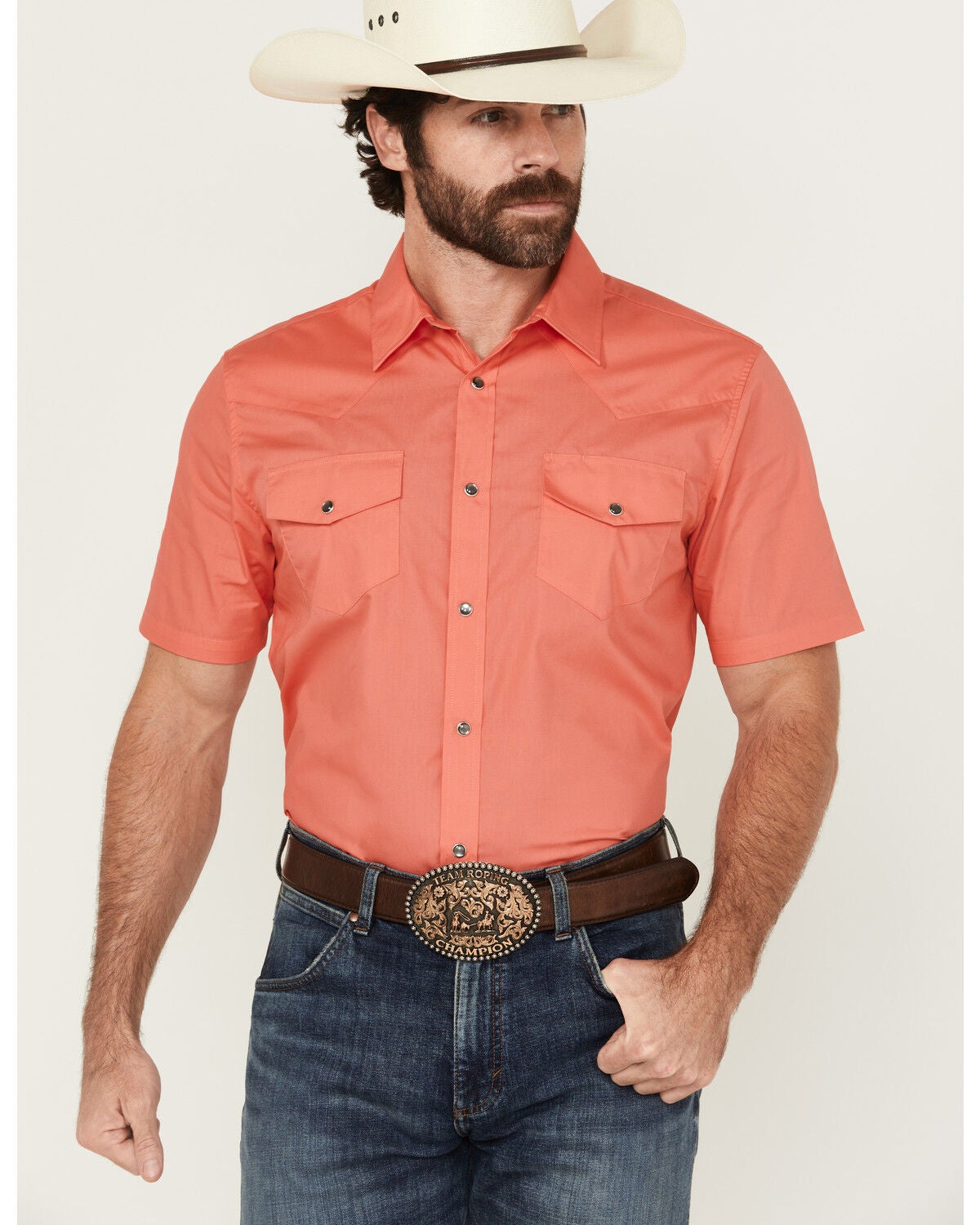 Gibson Trading Co Men's White Water Solid Short Sleeve Snap Stretch Western Shirt, Coral, hi-res