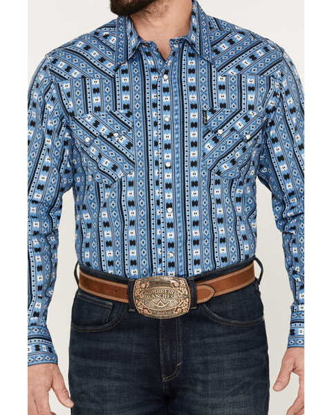 Cinch Men's Southwestern Print Long Sleeve Western Snap Shirt, Light Blue, hi-res