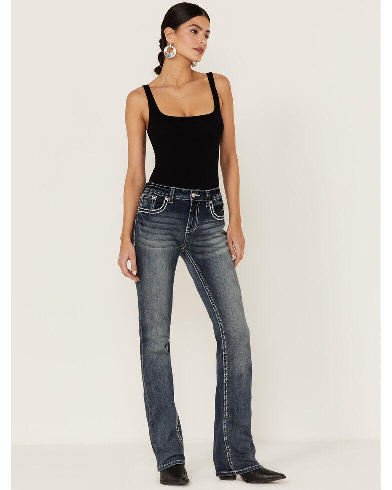 Grace in LA Women's Studded Swoosh Back Pocket Bootcut Jeans, Blue, hi-res