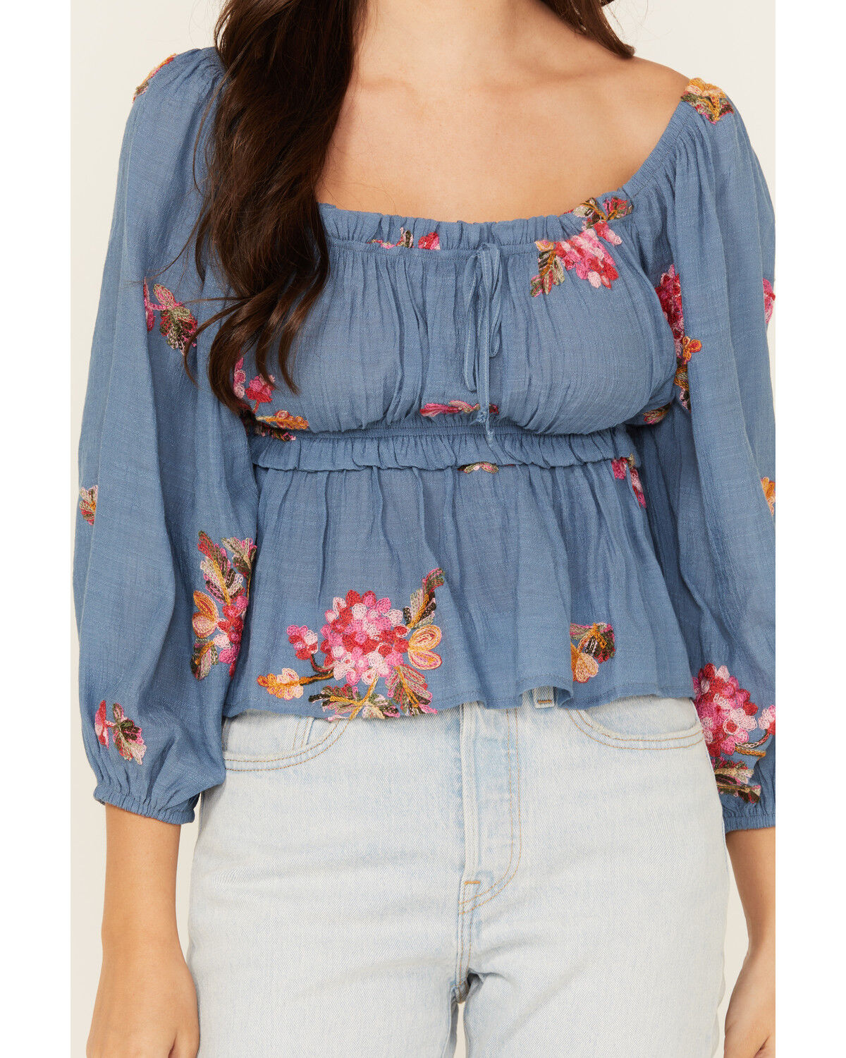 Image #3 - Wild Moss Women's Floral Embroidered 3/4 Sleeve Top, Blue, hi-res