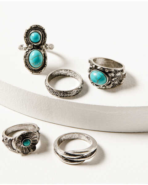 Image #1 - Shyanne Women's Desert Charm Turquoise Stone Ring Set - 5-Piece, Silver, hi-res