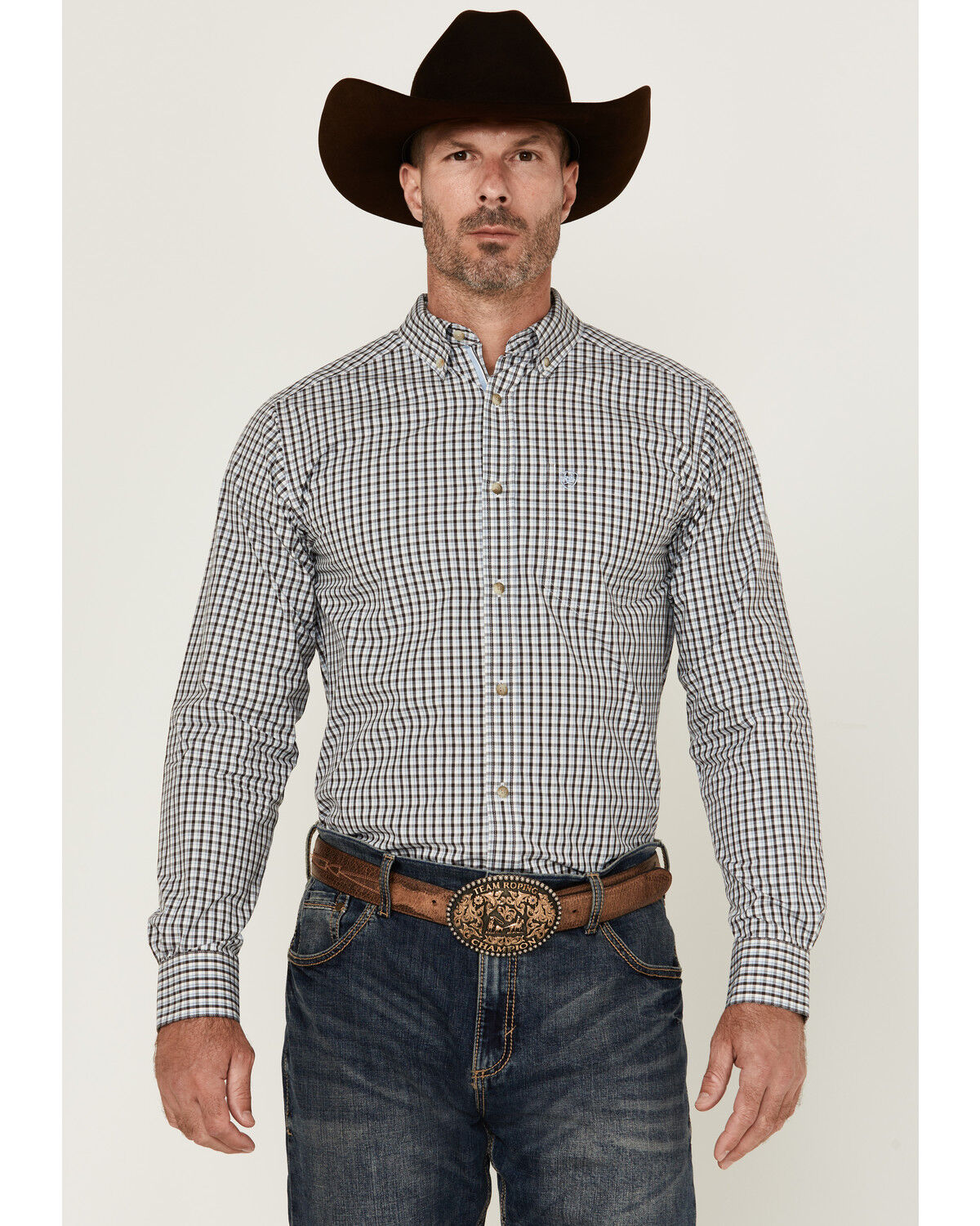 Image #1 - Ariat Men's Creek Plaid Print Long Sleeve Button-Down Western Shirt, Light Blue, hi-res
