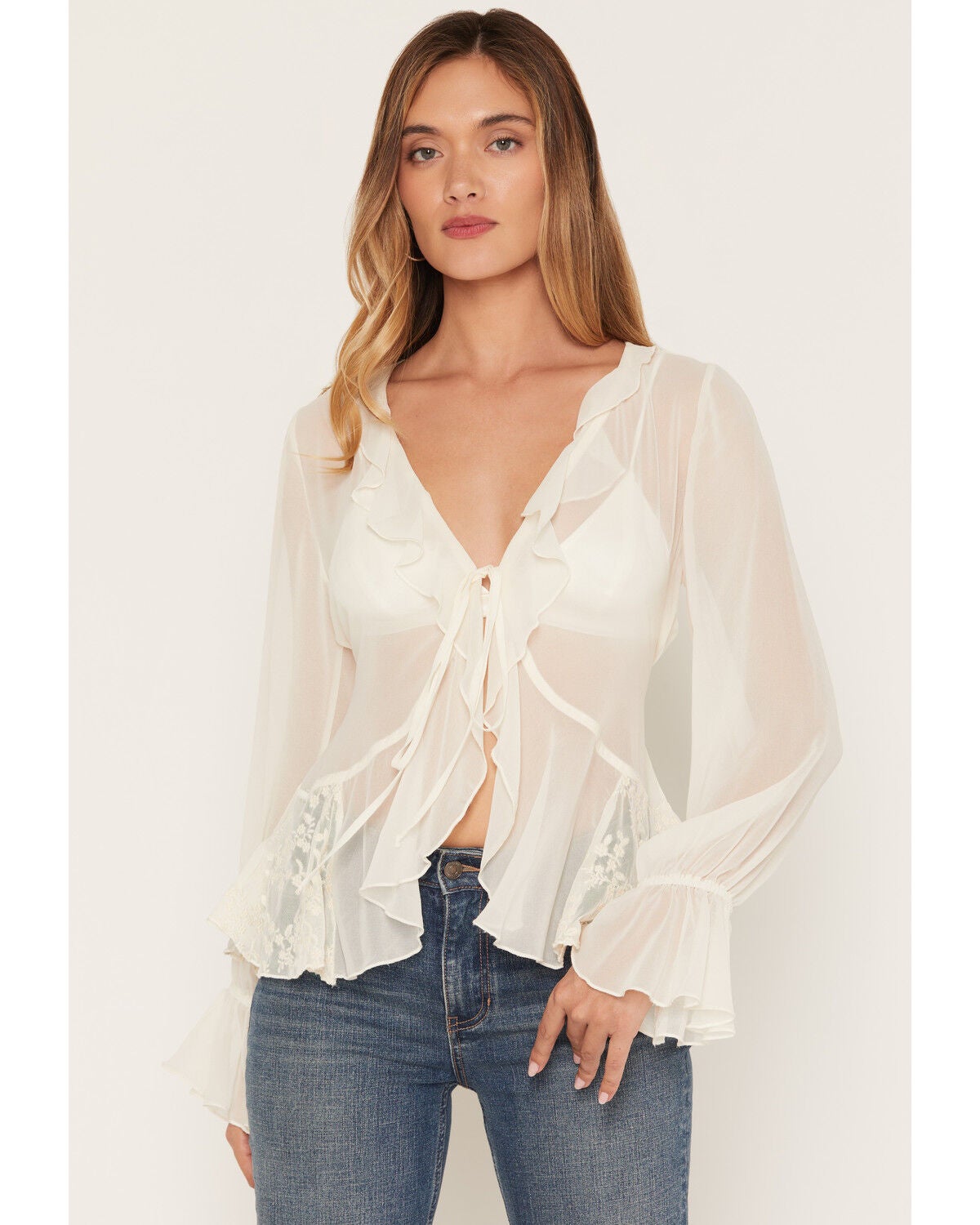 Wild Moss Women's Lace Sheer Long Sleeve Tie-Front Shirt, Ivory, hi-res