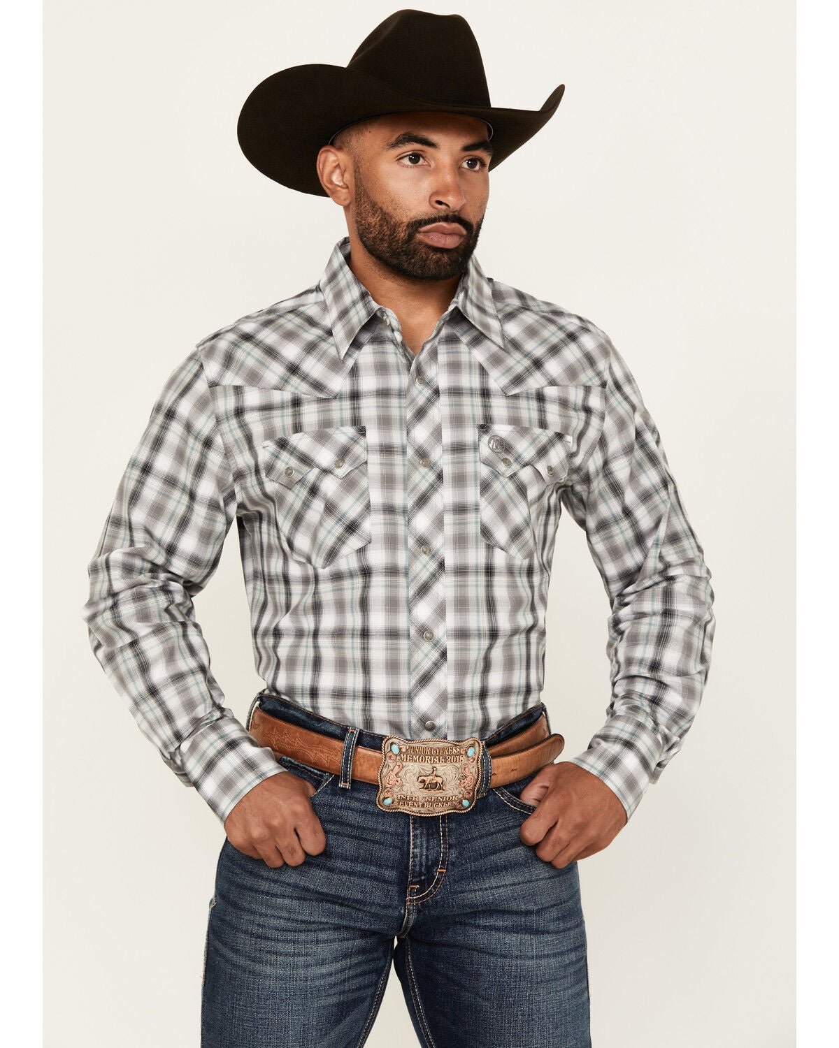 Wrangler Retro Men's Plaid Print Long Sleeve Snap Western Shirt, Grey, hi-res