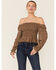 Beyond The Radar Women's Floral Smocked Chiffon Off Shoulder Top , Brown, hi-res