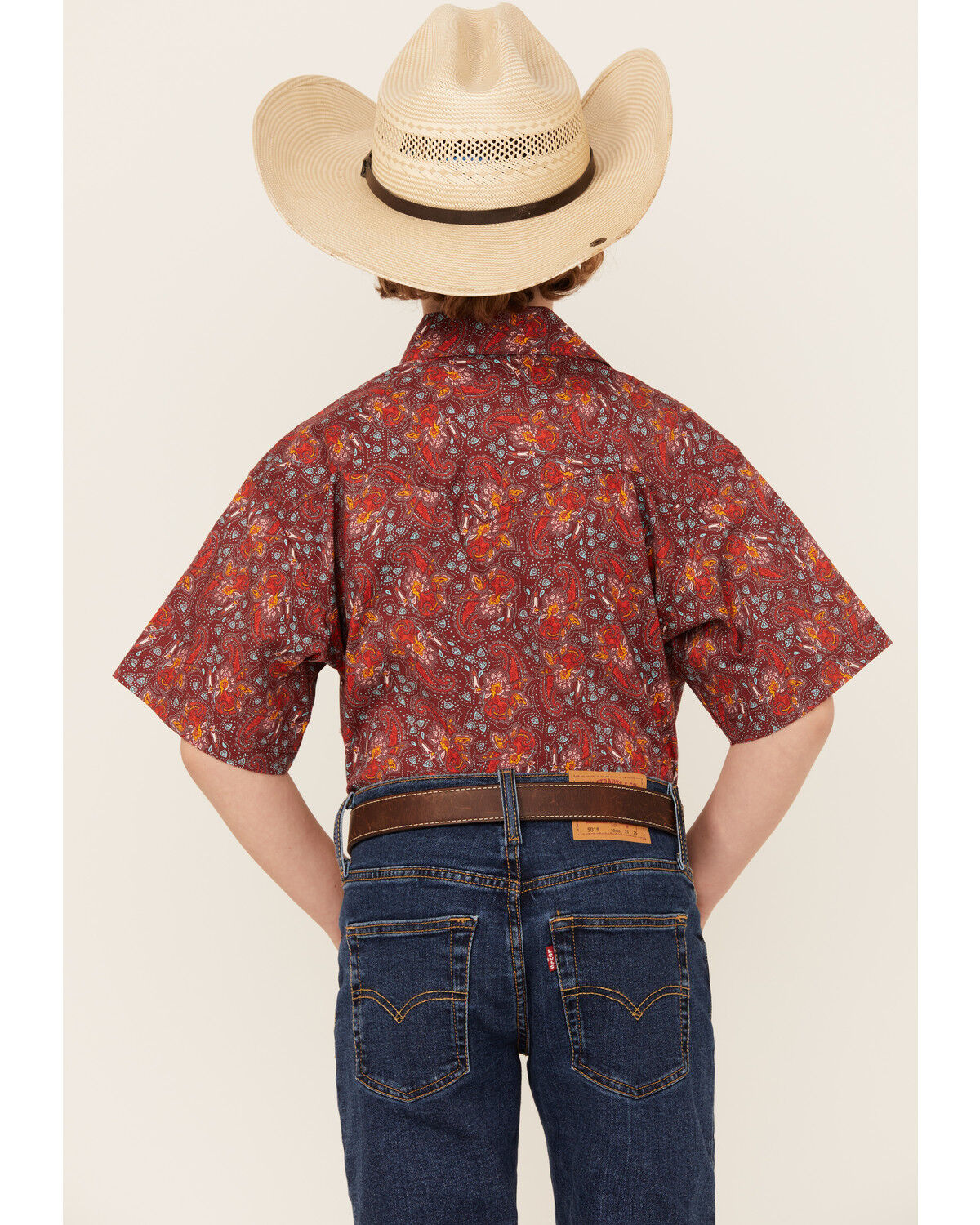 Image #4 - Rock & Roll Denim Boys' Paisley Print Short Sleeve Pearl Snap Stretch Western Shirt, Red, hi-res