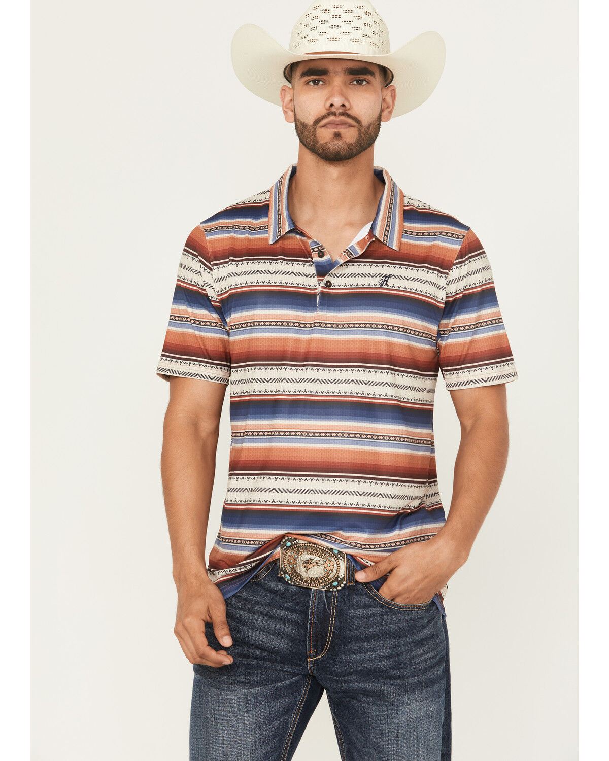 Image #1 - Hooey Men's San Juan Serape Stripe Print Short Sleeve Button-Down Polo Shirt, Multi, hi-res