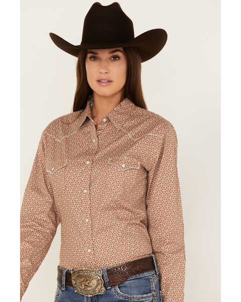 Image #2 - Rough Stock by Panhandle Women's Geo Print Long Sleeve Snap Western Shirt, Taupe, hi-res