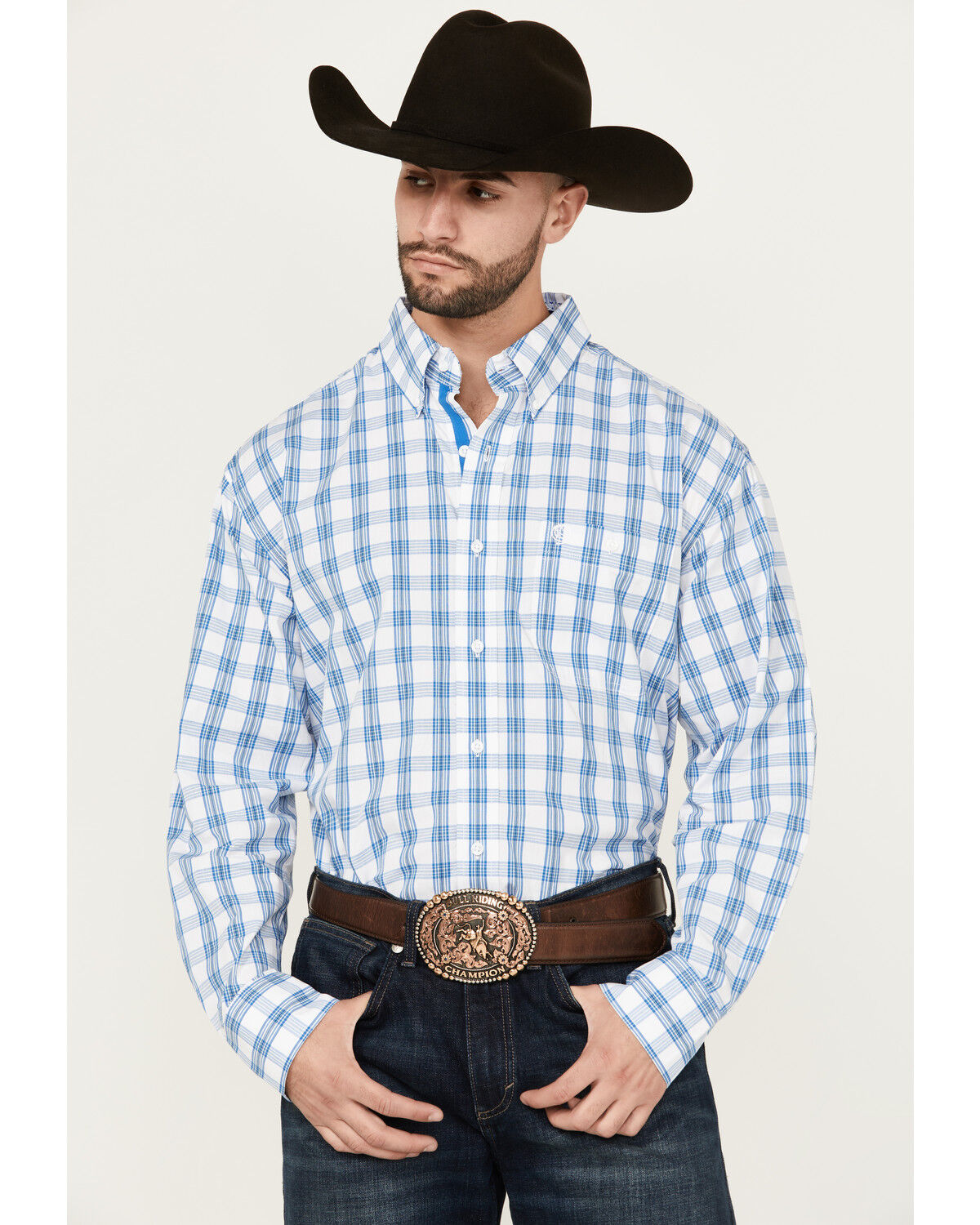 Image #1 - George Strait By Wrangler Men's Plaid Print Long Sleeve Button-Down Stretch Western Shirt, White, hi-res