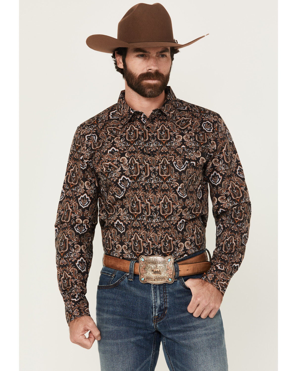Gibson Men's Reward Medallion Print Long Sleeve Snap Western Shirt, Black, hi-res