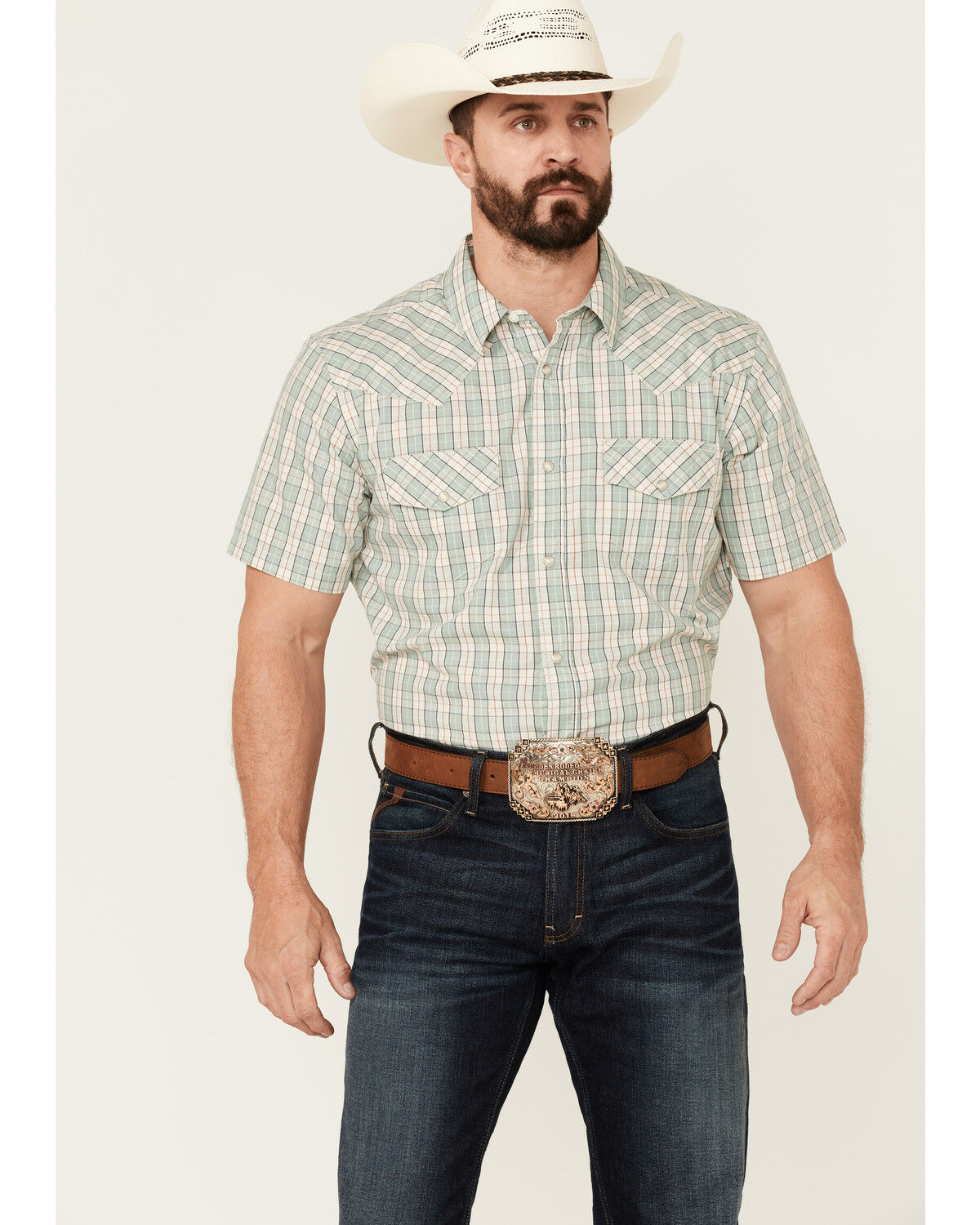 Image #1 - Gibson Men's Cream Archie Plaid Print Short Sleeve Pearl Snap Western Shirt, Cream, hi-res