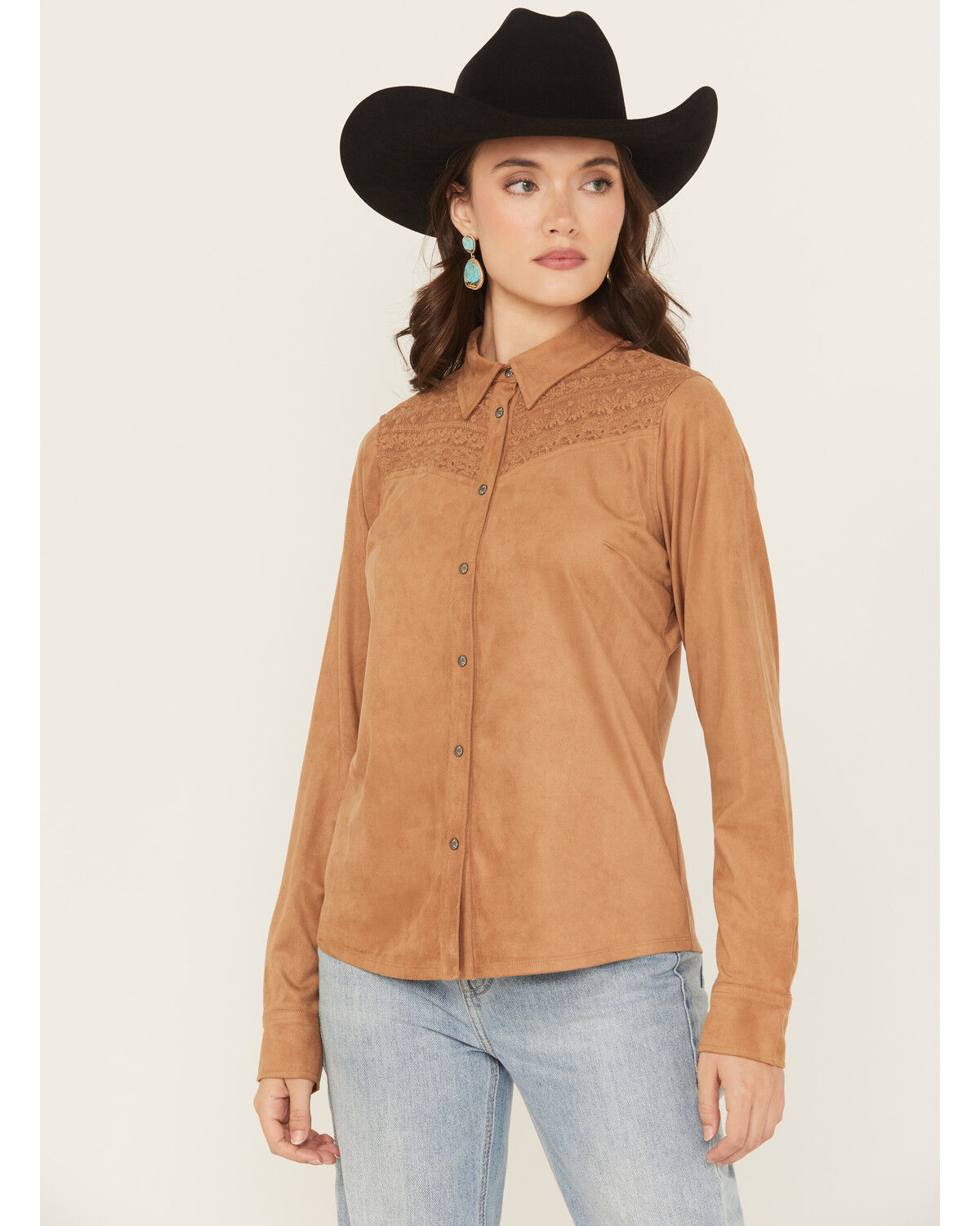 Image #1 - Shyanne Women's Faux Suede Lace Yoke Long Sleeve Button-Down Western Shirt, Tan, hi-res
