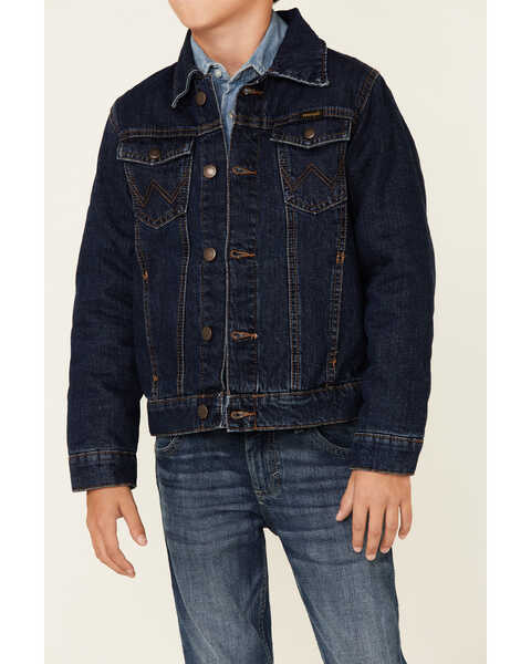 Image #3 - Wrangler Boys' Rodeo Medium Wash Stripe Lined Button-Front Denim Jacket , , hi-res