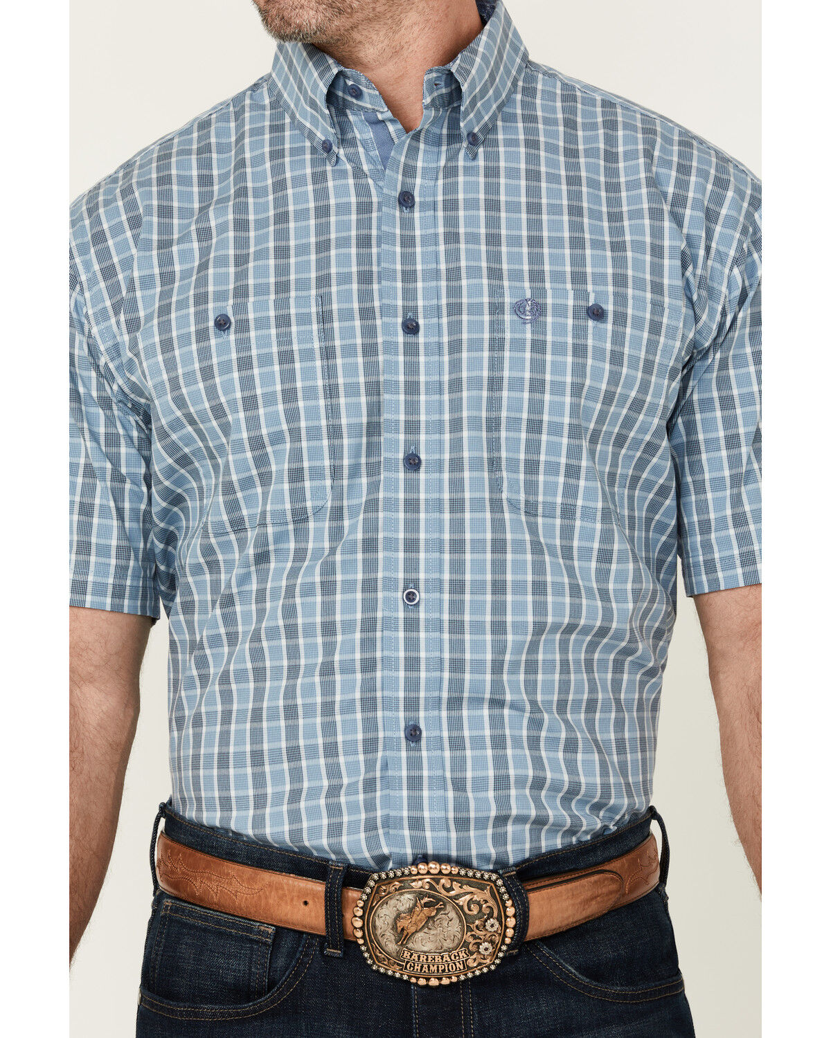 Image #3 - George Strait by Wrangler Men's Plaid Print Short Sleeve Button-Down Western Shirt, Blue, hi-res
