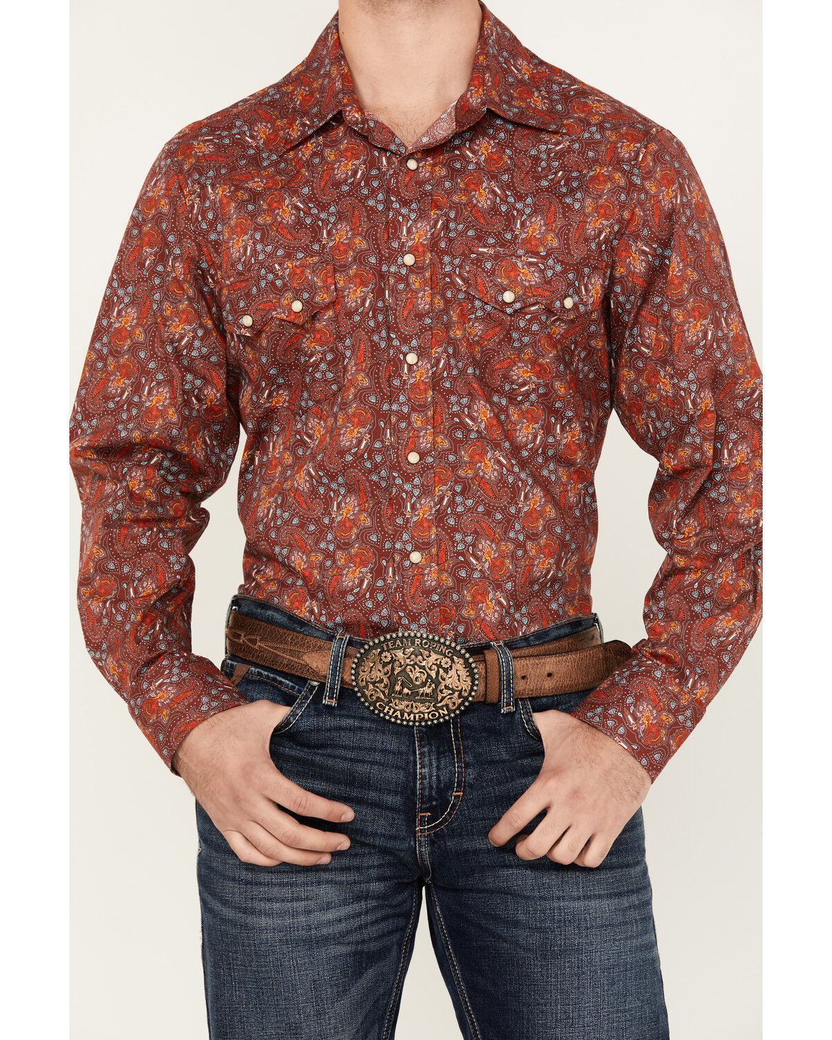 Image #3 - Rock & Roll Denim Men's Paisley Print Long Sleeve Snap Stretch Western Shirt, Dark Orange, hi-res