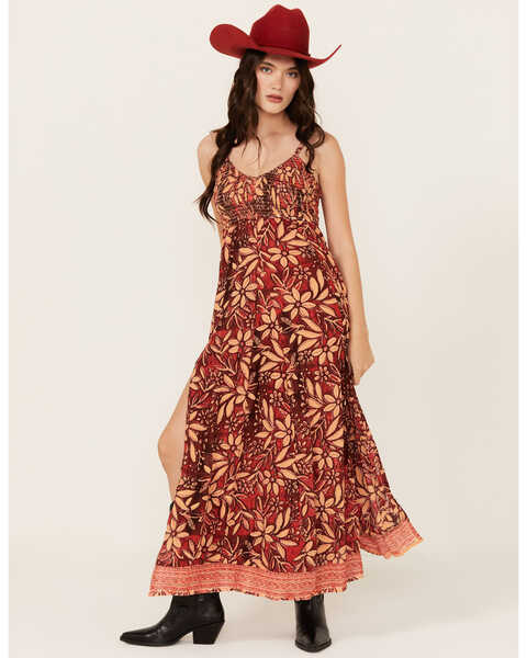 Image #1 - Angie Women's Floral Print Sleeveless Maxi Dress , Rust Copper, hi-res