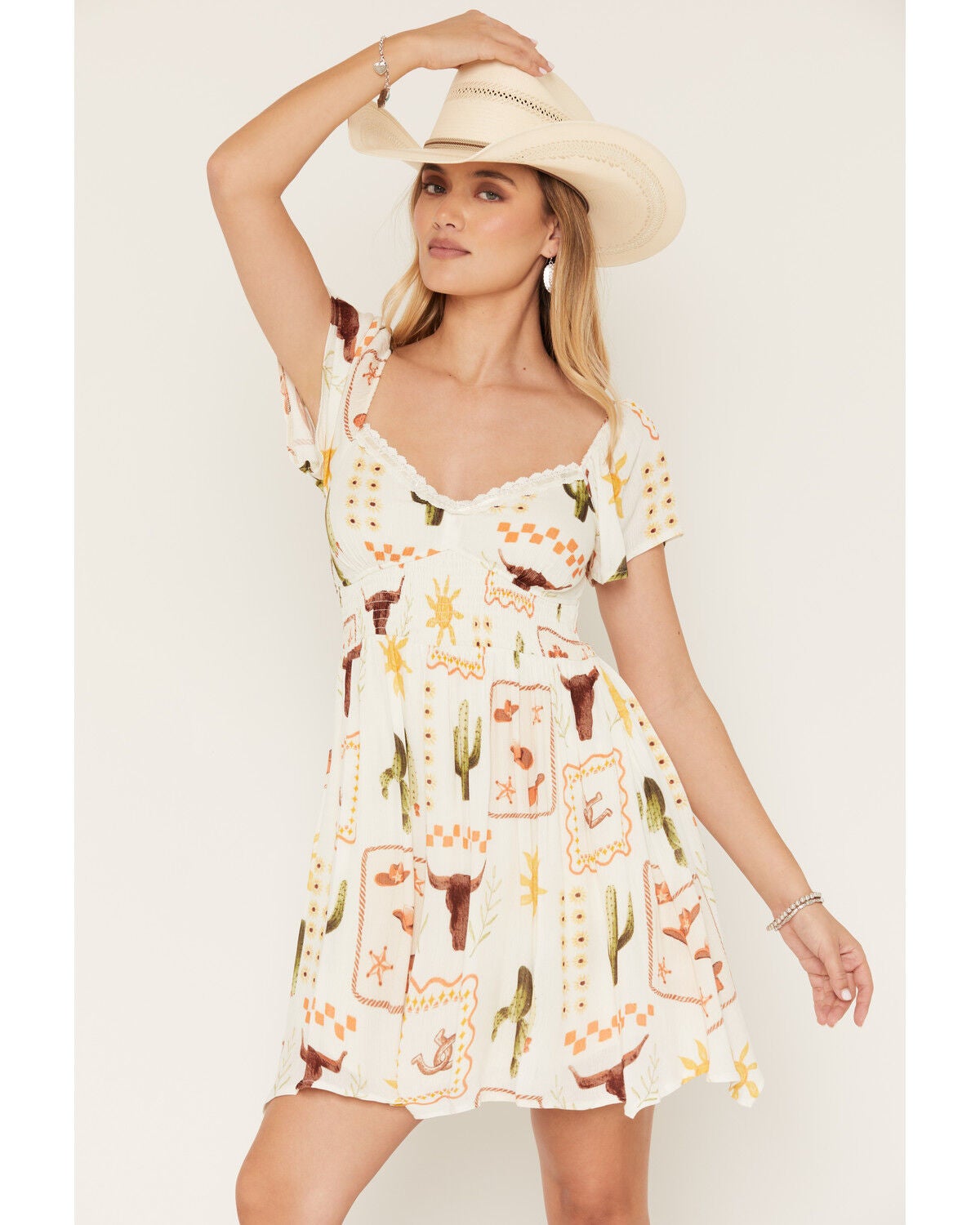 Image #1 - Rosabelle Honey Women's Boot Barn Exclusive Western Conversation Print Short Sleeve Mini Dress, White, hi-res