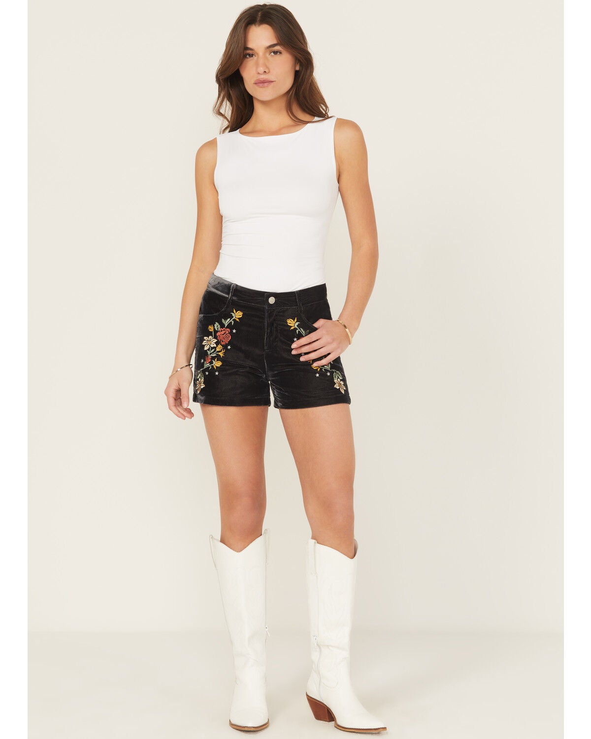 Rock & Roll Denim Women's High Rise Floral Embroidered Velvet Shorts, Black, hi-res